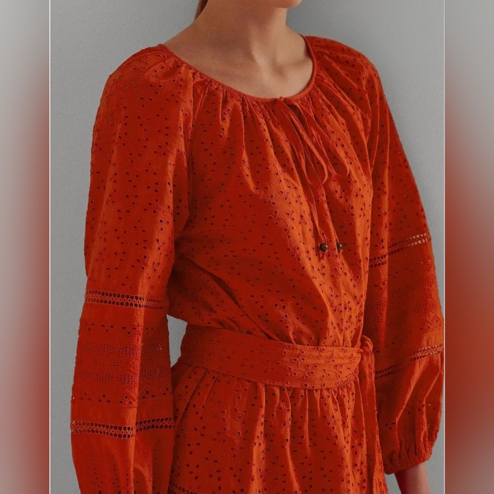 Lauren Ralph Lauren Red Eyelet Mini Dress Broderie Anglaise Belted Sz 10 - Picture 7 of 15